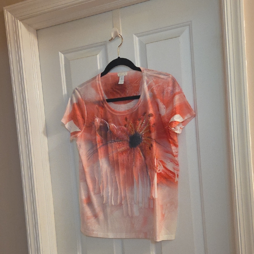 Chico's Vibrant Fushia Beaded Floral Top Medium